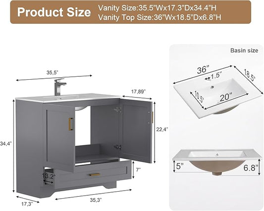 36 inch Bathroom Vanity with Sink, Modern Grey Vanity for Bathroom with Undermount Ceramic Sink, Freestanding 2-Door & 1-Drawer Storage Cabinet, for Small Bathroom Space, (Grey, 36")