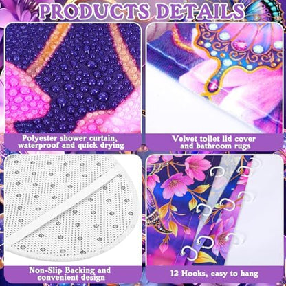 FuWeave 8 Pcs Purple Butterfly Shower Curtain Set for Bathroom Decor Include Elegant Purple Floral Shower Curtain Butterfly Towels Non Slip Rugs Toilet Lid Cover Bath Mat and 12 Hooks