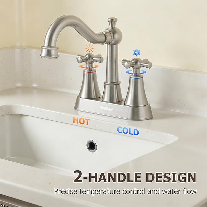 Hurran 4-inch Centerset Brushed Nickel Classical Bathroom Faucet, 2 Handles for 2 or 3 Hole Sink with 360° Swivel Spout, Pop Up Drain Assembly and Supply Hose for Vanity Sink Lavatory Faucet