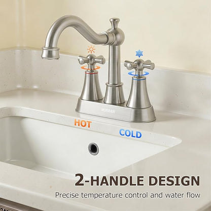 Hurran 4-inch Centerset Brushed Nickel Classical Bathroom Faucet, 2 Handles for 2 or 3 Hole Sink with 360° Swivel Spout, Pop Up Drain Assembly and Supply Hose for Vanity Sink Lavatory Faucet