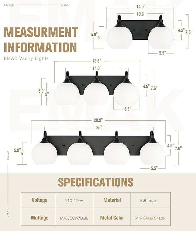 Emak 29 Inch Black Vanity Lights with Milk Glass Shade, 4-Light Bathroom Light Fixtures Over Mirror, Modern Farmhouse Globe Wall Sconces for Bathroom, Mirror, VL118-BK-ML-4