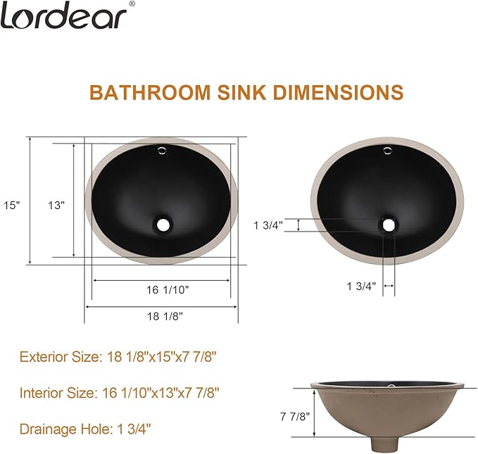 Lordear Undermount Black Bathroom Sink 18x15 Inch Bathroom Vanity Sinks Undermount Round Black Porcelain Ceramic Bathroom Under Counter Lavatory Vanity Sink Basin with Overflow