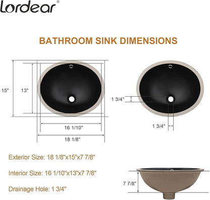 Lordear Undermount Black Bathroom Sink 18x15 Inch Bathroom Vanity Sinks Undermount Round Black Porcelain Ceramic Bathroom Under Counter Lavatory Vanity Sink Basin with Overflow