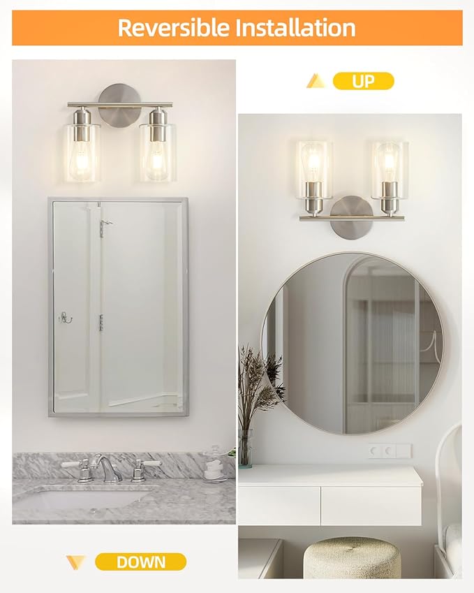 Bathroom Light Fixtures, 2-Light Brushed Nickel Vanity Lights, Modern Bathroom Lighting Fixtures Over Mirror with Clear Glass Shade, Wall Sconce Lighting for Bedroom Living Room