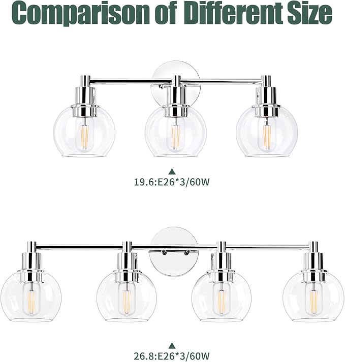 3 Lights Bathroom Vanity Light Fixtures Chrome, Bathroom Lights Over Mirror, Industrial and Farmhouse 3 Light Wall Sconce, Polished Chrome Globe Vanity Lighting Fixtures