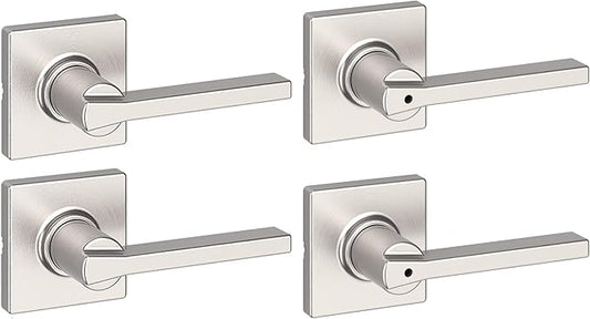 Kwikset Casey Hallway Passage and Bed/Bath Privacy Door Handle 4 Pack, 2 Passage Levers and 2 Privacy Levers, Satin Nickel Reversible Interior Handles