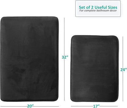 Clara Clark 2 Piece Bathroom Rugs Bath Mat Set, Velvet Memory Foam Bath Mats for Bathroom - Non-Slip, PVC Backing Bath Rugs, Washable - Dries Quickly, Black