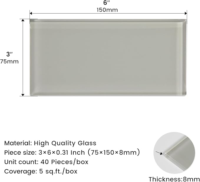 Glass Subway Tile 3 x 6 Inch Light Gray for Kitchen Backsplash Bathroom Wall (32-Pack, 4 sq.ft.)