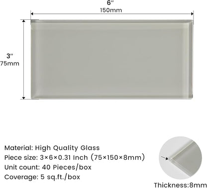 Glass Subway Tile 3 x 6 Inch Light Gray for Kitchen Backsplash Bathroom Wall (32-Pack, 4 sq.ft.)