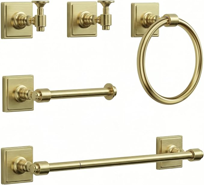 VEHCIL Brushed Gold Bathroom Towel Bar Set, 5 Piece Bathroom Hardware Accessory Set, SUS304 Stainless Steel 24" Towel Rack Holder Set for Bathroom, Wall Mounted