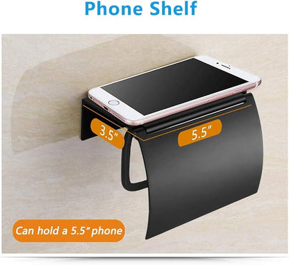 Matte Black Toilet Paper Holder Wall Mounted with Phone Shelf, Universal Modern Toilet Tissue Holder fit Mega Roll Toilet Paper, Cat Proof Toilet Paper Holder Bathroom Metal Aluminum Covered TP Holder | With Cover Lid, Cat Proof, Aluminum Metal, Rustpr...