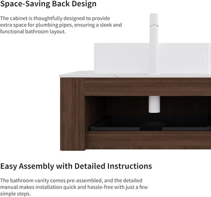 Yayzy 30" Floating Bathroom Vanity with Sink, Solid Wood Fluted Cabinet, White Fluted Square Ceramic Basin & Faux Marble Top, Soft-Close Drawer, Pre-Assembled, Walnut Woodgrain
