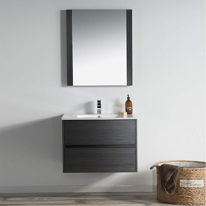 Blossom 30 Inch Bathroom Vanity with Sink - All Wood Floating Vanity Cabinet with Ceramic Sink - 2 Soft-Closing U-Shaped Cutout Drawers - Modern Bathroom Storage Vanities, Silver Grey Finish