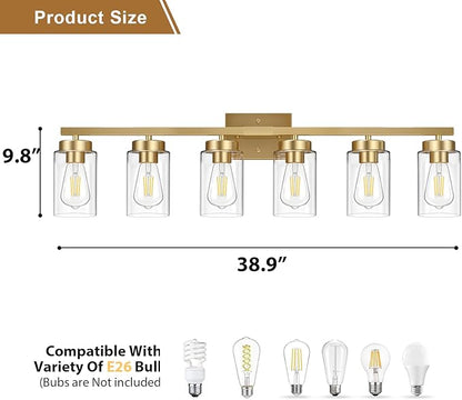 IZORRO Modern Bathroom Light Fixtures, 6 Light Gold Vanity Lights, Bathroom Lightig Fixtures Over Mirror with Clear Glass for Living Room Cabinet