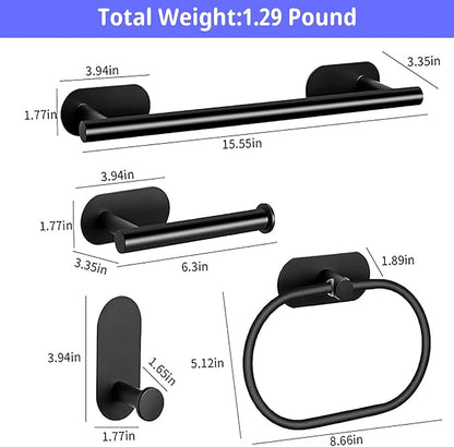 Bathroom Hardware Set, 16" Bathroom Towel Holder with Toilet Paper Holder, Towel Ring, Towel Hook, Bathroom Accessories for Kitchens, Laundry Rooms (5, Black)