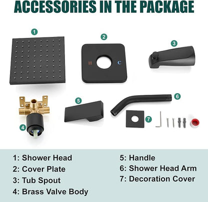 Heyalan 6 Inch Shower Faucet Set with Tub Spout and Valve,Matte Black | 6-inch square rainfall head, tub spout with diverter, male-thread rough-in valve, single-handle control and wall-mount design