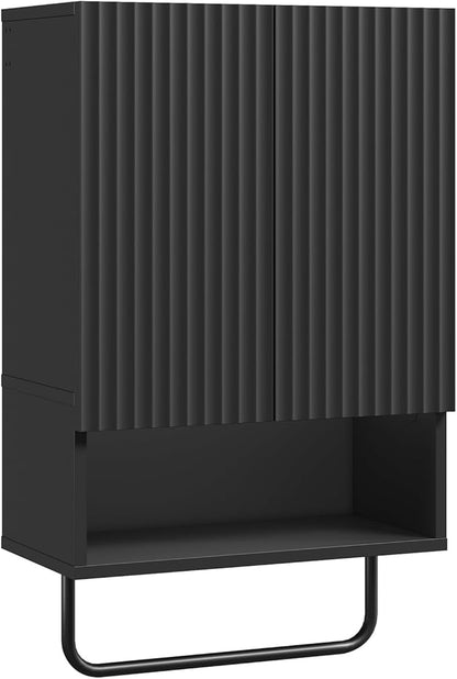 Bathroom Wall Cabinet, Wall Mounted Medicine Cabinets with Towel Bar & Adjustable Shelf, Over The Toilet Space Saver Storage Cabinet with 2 Doors, for Bathroom Laundry Room Kitchen, Black