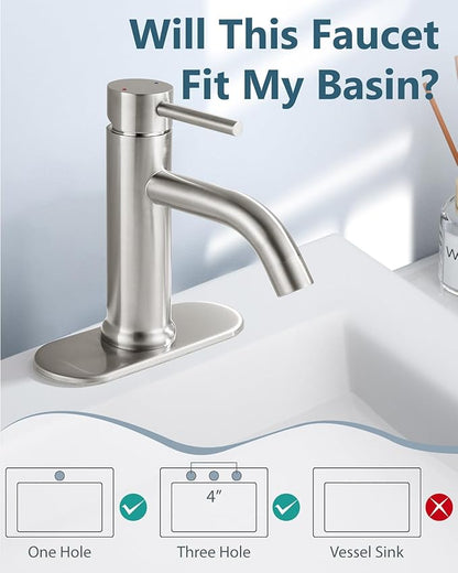 Aolemi Bathroom Faucet Single Hole,Single Handle Bathroom Sink Faucet with Supply Lines,with Pop Up Drain Assembly and Deck Plate,Brushed Nickel
