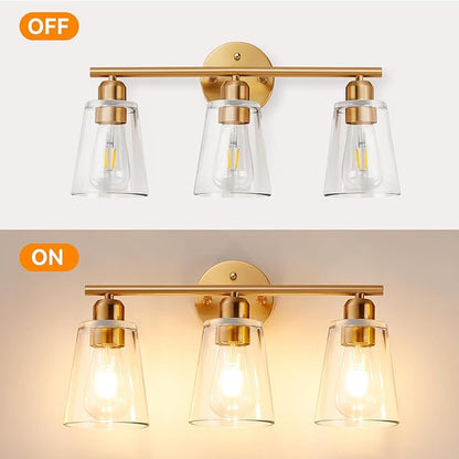 TALOYA 19 Inch Brushed Gold Bathroom Light Fixtures with Thickend Clear Tapered Glass Shade, 3-Light Modern Vanity Light Over Mirror for Bathrooms, Bedrooms (Bulbs Not Included)