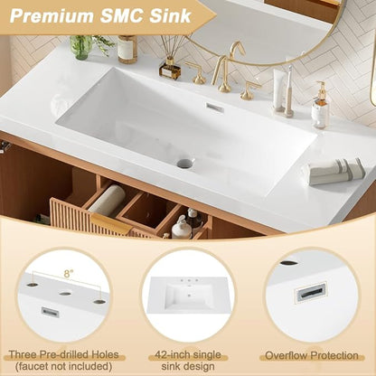 42 Inch Floating Bathroom Vanity with Thick SMC Countertop Single Sink, Wall Mounted Bathroom Vanities Wood Grain Vanity for Bathrooms with 2 Soft-Close Doors 2 Fluted Drawers, Easy Assembly (Wood)