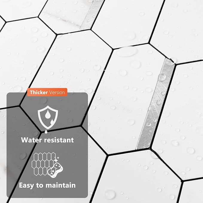 Vamos Tile Long Hexagon Peel and Stick Backsplash Tile - 10 Sheets Stick on Backsplash for Kitchen and Bathroom 12.4 x 12 Inch White Marble Look PVC Mixed Metal Silver Self Adhesive Mosaic Wall Tiles