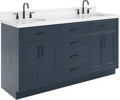 ARIEL Hepburn 66-inch Bathroom Vanity with Sink,Solid Wood, 1.5-inch Carrara White Quartz Countertop, Double Oval Porcelain Sink, 4 Soft Closing Doors, 6 Dovetail Drawers, Midnight Blue
