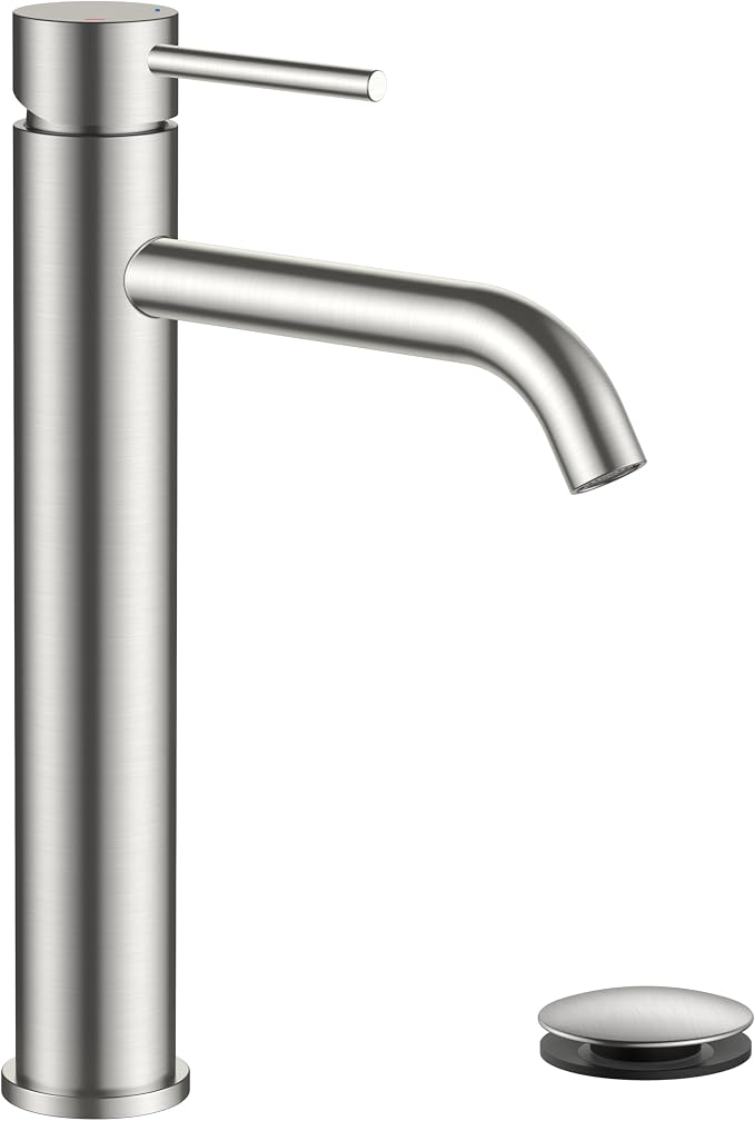 FORIOUS Vessel Tall Bathroom Faucet 1 Hole Brushed Nickel Single Handle | for 1 Hole Vessel Sink Only, Single Handle Faucet with Pop up Drain, for Basin Bowl Vanity Lavatory Residential/Commercial