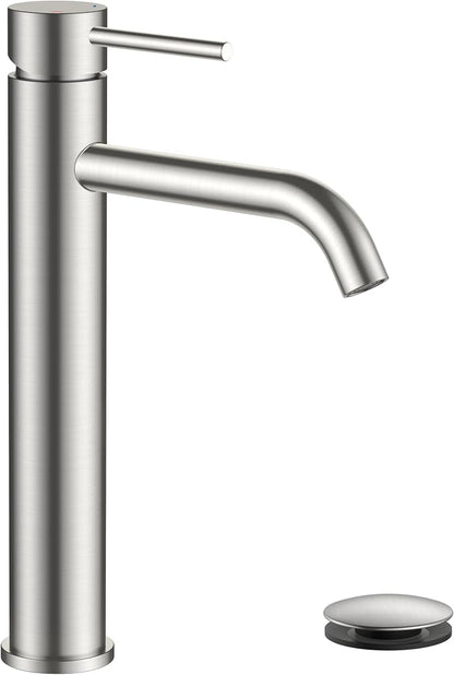 FORIOUS Vessel Tall Bathroom Faucet 1 Hole Brushed Nickel Single Handle | for 1 Hole Vessel Sink Only, Single Handle Faucet with Pop up Drain, for Basin Bowl Vanity Lavatory Residential/Commercial