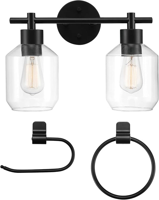 Globe Electric 3-Piece Powder Room Set, Matte Black, 2-Light Vanity with Clear Glass Shades and Matching Hardware, 51850