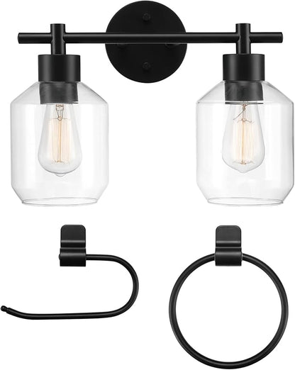 Globe Electric 3-Piece Powder Room Set, Matte Black, 2-Light Vanity with Clear Glass Shades and Matching Hardware, 51850