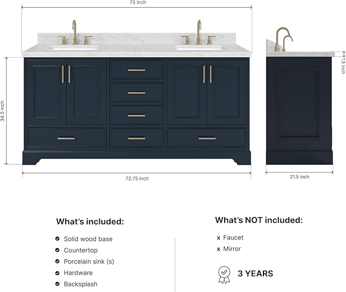 ARIEL Stafford 72-inch Bathroom Vanity with Sink,Solid Wood, 1.5-inch Italian Carrara Marble Countertop, Double Rectangular Porcelain Sink, 4 Soft Closing Doors, 6 Dovetail Drawers, Midnight Blue