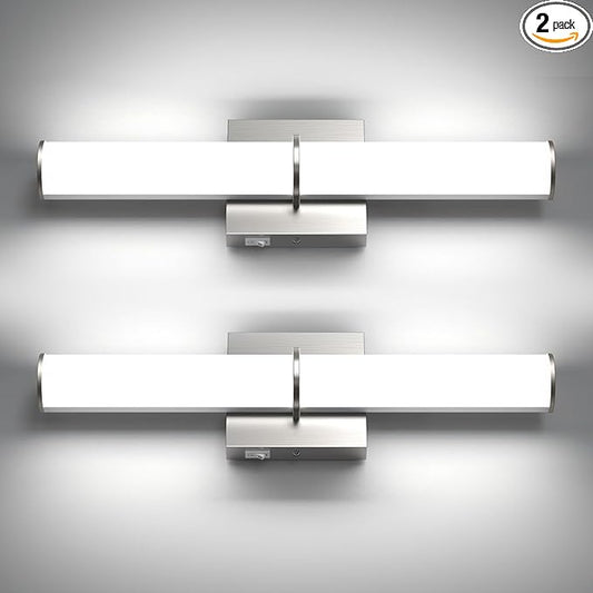 OOWOLF 17.3" Modern Vanity Light Fixture with Switch, 12W 5000K Led Bathroom Light Fixture Over Mirror, Hardwired, Brushed Nickel 1200LM Vanity Light Bar for Mirror Bedroom Hallway Living Room 2Pack