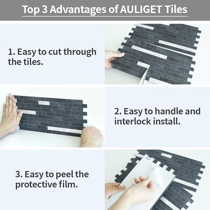 AULIGET 2 Sheets Black Slate Peel and Stick Backsplash, PVC Mixed Metal Silver Wall Tile Stick on Backsplash for Kitchen and Bathroom