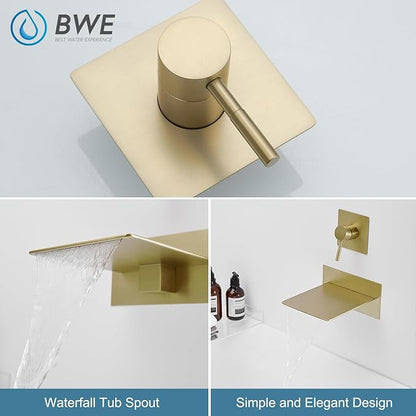 BWE Brushed Gold Wall Mount Tub Faucet with Waterfall Tub Spout Wall Mounted Bathtub Faucet Modern Single Handle Tub Filler Shower Faucet Set