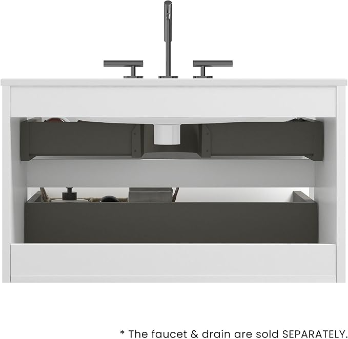 36" Bathroom Vanity with Sink, Modern Floating Vanity with Double Soft-Closing Drawers, Large Storage for Small Space, Glossy White, Fully Assembled - Iris Collection