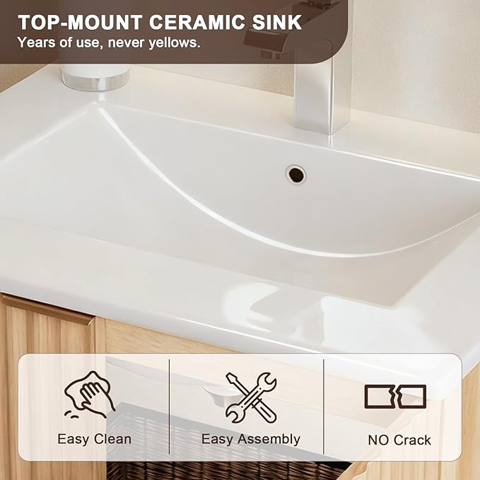 Modern Bathroom Vanity with Sink, Floating Wall Mount Cabinet with Wavy Textured Doors, Waterproof Storage for Small Bathroom, Soft-Close Design, Nature Wood (24")