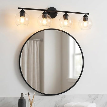 4 Light Bathroom Vanity Light, Black Vanity Light with Globe Glass Shades, Farmhouse Bathroom Light Fixtures Over Mirror, Modern Wall Light Fixture for Bedroom Hallway, E26 Socket