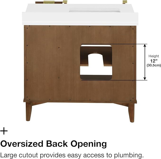 OVE Decors Indy 36 in. Undermount Single Sink Bathroom Vanity with White Engineered Marble Top, Warm Walnut