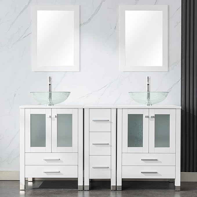 LUCKWIND 60" Double 24" Bathroom Vanity with Sink Combo, Elegant Series with One 12.6-in Side Cabinet, Painted Frame, Including Transparent Round Sinks, Faucets Without Mirrors, White