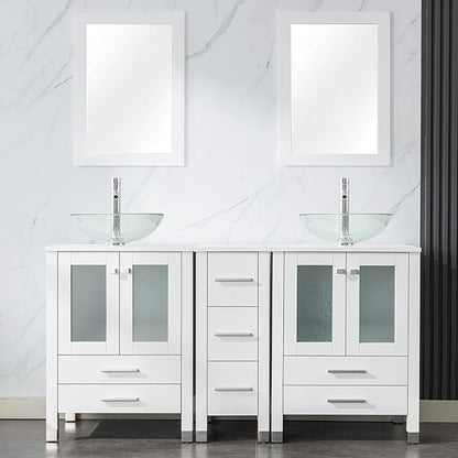 LUCKWIND 60" Double 24" Bathroom Vanity with Sink Combo, Elegant Series with One 12.6-in Side Cabinet, Painted Frame, Including Transparent Round Sinks, Faucets Without Mirrors, White