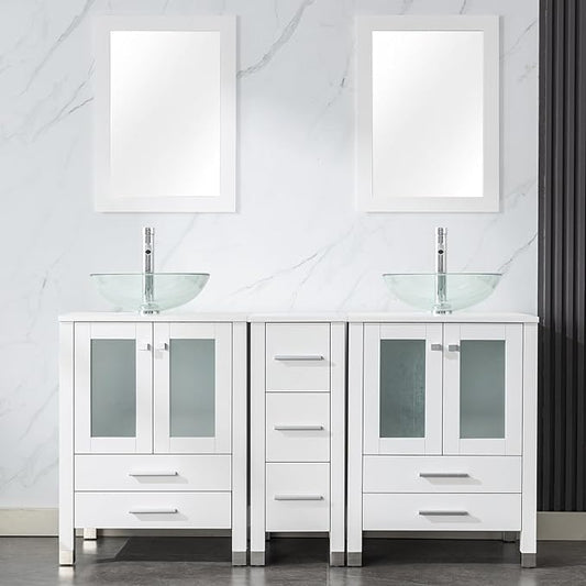 LUCKWIND 60" Double 24" Bathroom Vanity with Sink Combo, Elegant Series with One 12.6-in Side Cabinet, Painted Frame, Including Transparent Round Sinks, Faucets Without Mirrors, White