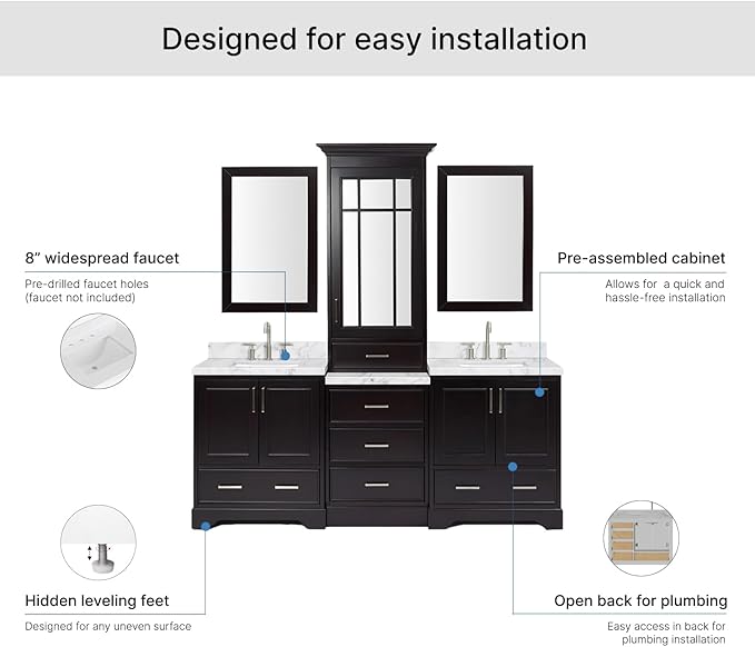 ARIEL Stafford 84-inch Bathroom Vanity with Sink,Solid Wood, 1.5-inch Italian Carrara Marble Countertop, Double Rectangular Porcelain Sink, 5 Soft Closing Doors, 6 Dovetail Drawers, Espresso
