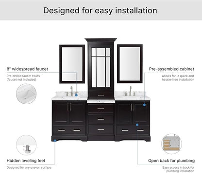 ARIEL Stafford 84-inch Bathroom Vanity with Sink,Solid Wood, 1.5-inch Italian Carrara Marble Countertop, Double Rectangular Porcelain Sink, 5 Soft Closing Doors, 6 Dovetail Drawers, Espresso