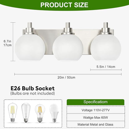 IZORRO Bathroom Light Fixtures, 3-Light Brushed Nickel Vanity Light, Modern Wall Sconces with Globe Milk White Glass Shade, Vanity Lighting Fixtures Over Mirror,E26 Bulb Socket