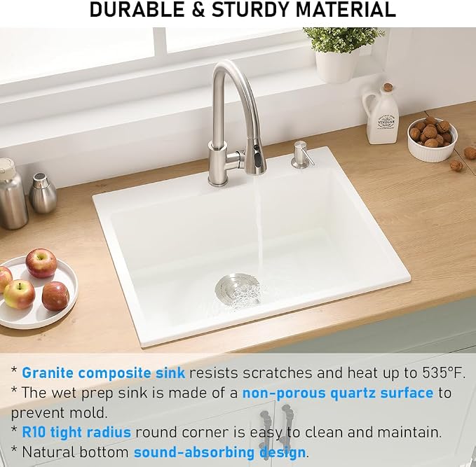 25 Inch White Drop In Kitchen Sink | 25x22 Drop In Kitchen Sink Quartz Granite Composite Single Bowl Outdoor Top Mount Basin with Small Rubber Squeegee