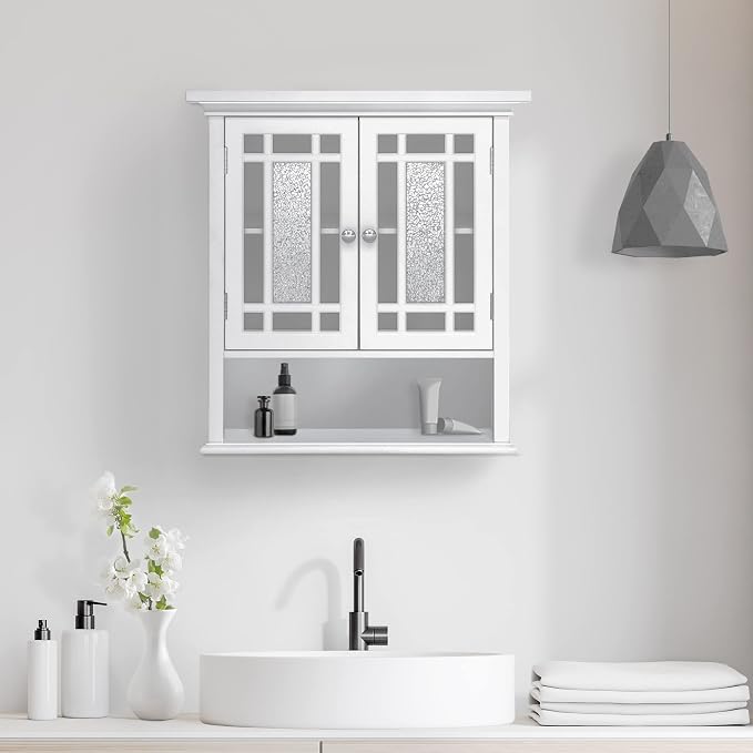 Teamson Home Windsor White Engineered Wood Bathroom Wall Cabinet with Glass Mosaic Doors