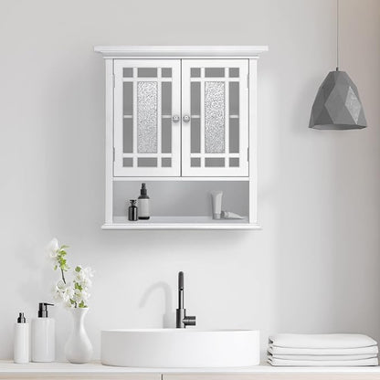 Teamson Home Windsor White Engineered Wood Bathroom Wall Cabinet with Glass Mosaic Doors