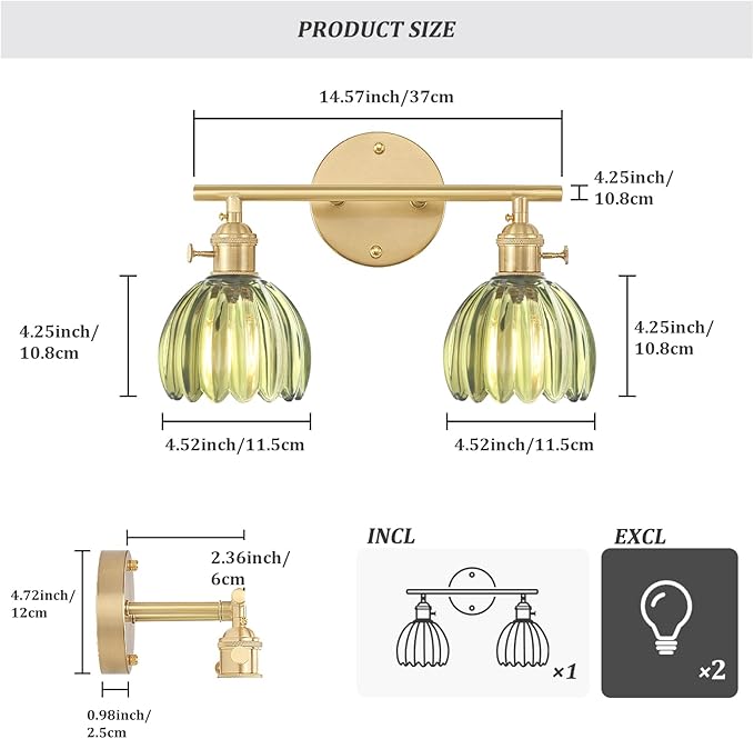 Bathroom Light Fixtures, 2-Light Brass Vanity wall Light Over Mirror with Green Tulip Glass Shade for Bedroom Living Room (Bulb Not Included)