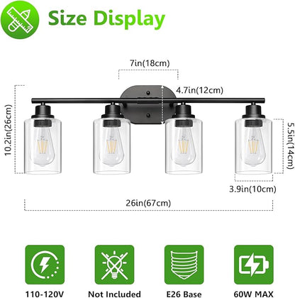 Ascher 4-Light Bathroom Light Fixtures, Modern Vanity Lights with Clear Glass Shade, Matte Black Wall Lamp for Bathroom Mirror Hallway Cabinet Porch