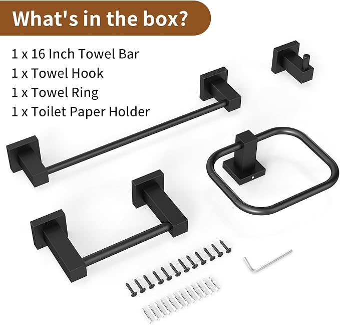 4 Pieces Matte Black Bathroom Hardware Accessories Set, 16 Inch Bath Towel Holder Sets with Toilet Paper Holder, Stainless Steel Towel Racks for Bathroom Wall Mounted